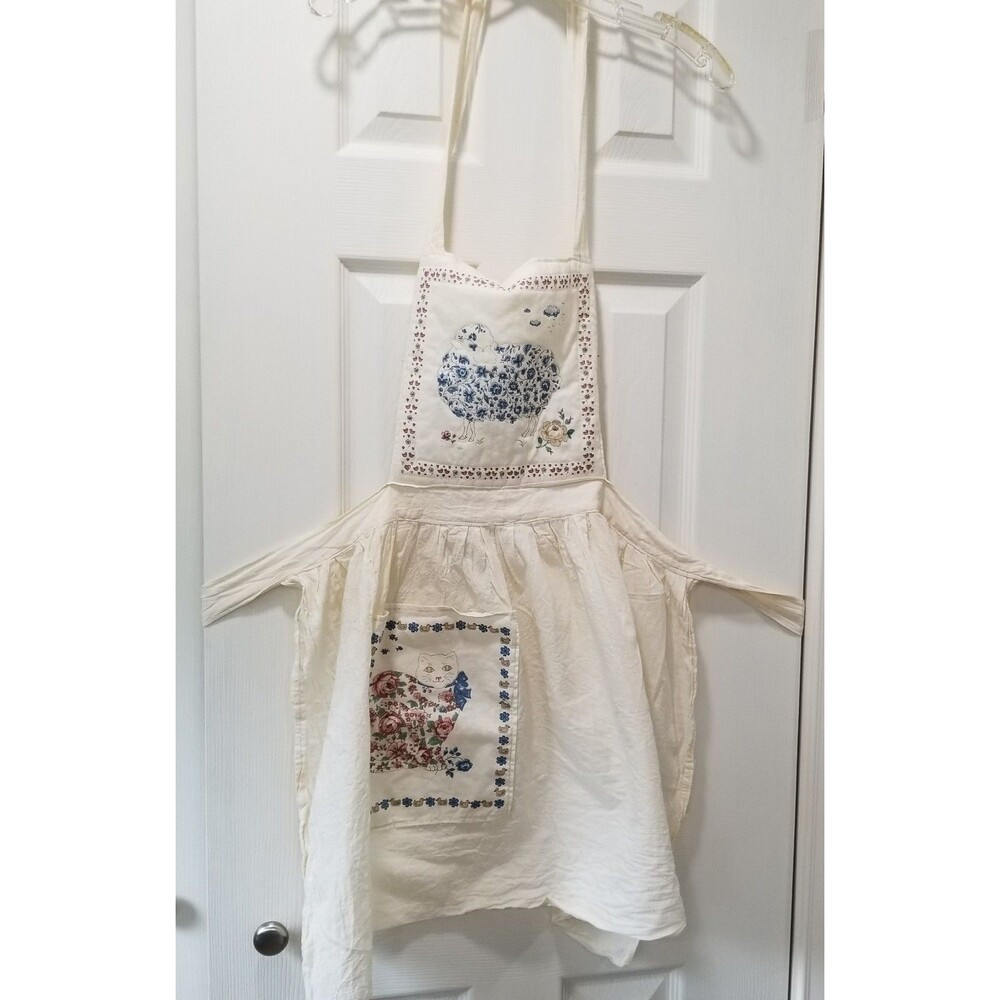 Vintage Linen Apron with Folk Art Sheep & Floral Cat Panels